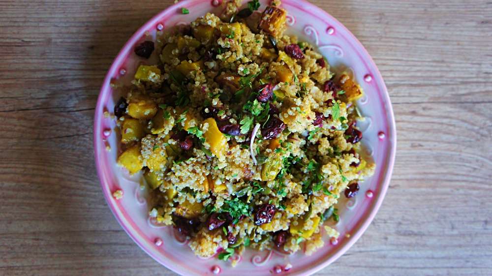 Receita de Salada de Quinoa, Moranga Assada e Cranberry
